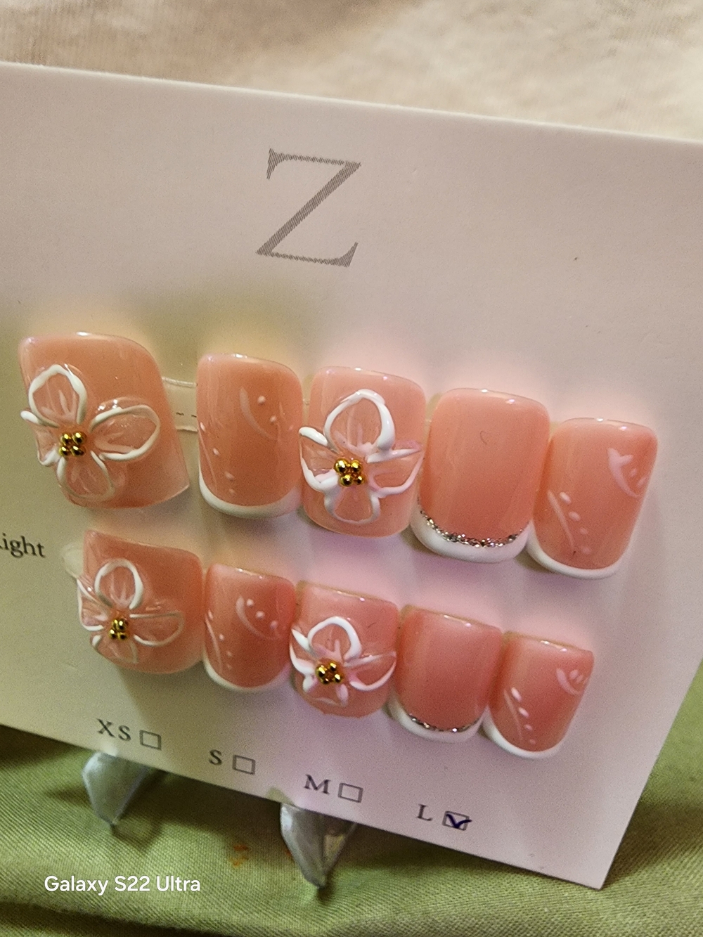 Elegant Peach Floral Press-On Nails with White Tips